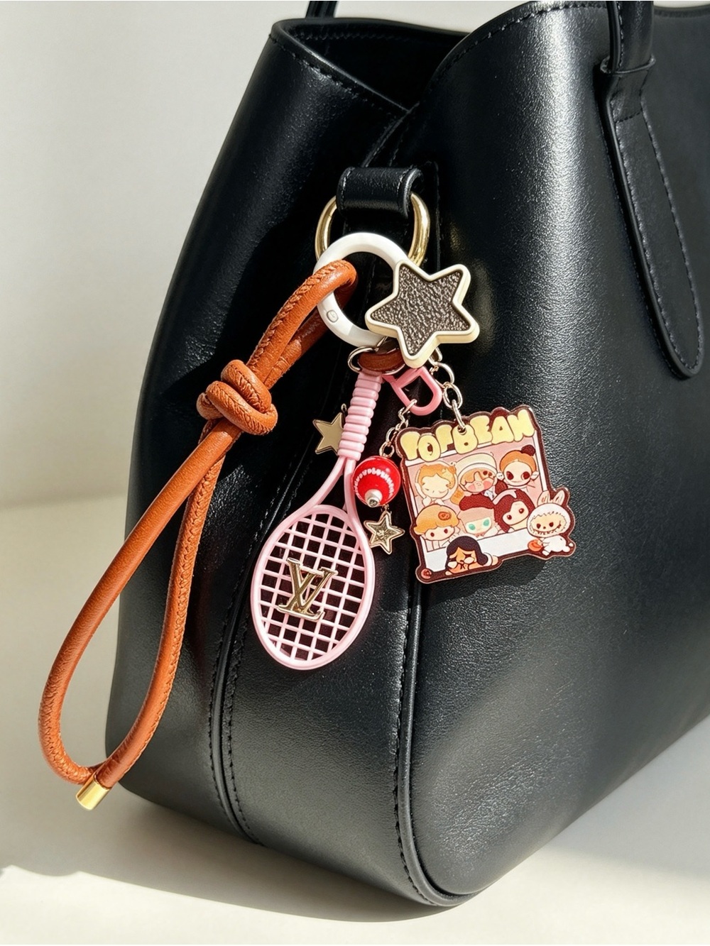 Pink Tennis Racket Bag Charm Keychain with Brown Leather Strap